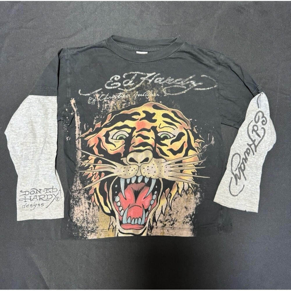 Y2K Ed Hardy Christian Audigier Tiger Graphic Long Sleeve Hollywood Youth Small